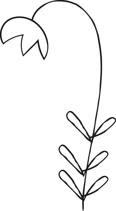 Simple black outline drawing of a drooping flower with a curved stem and several pairs of oval leaves.